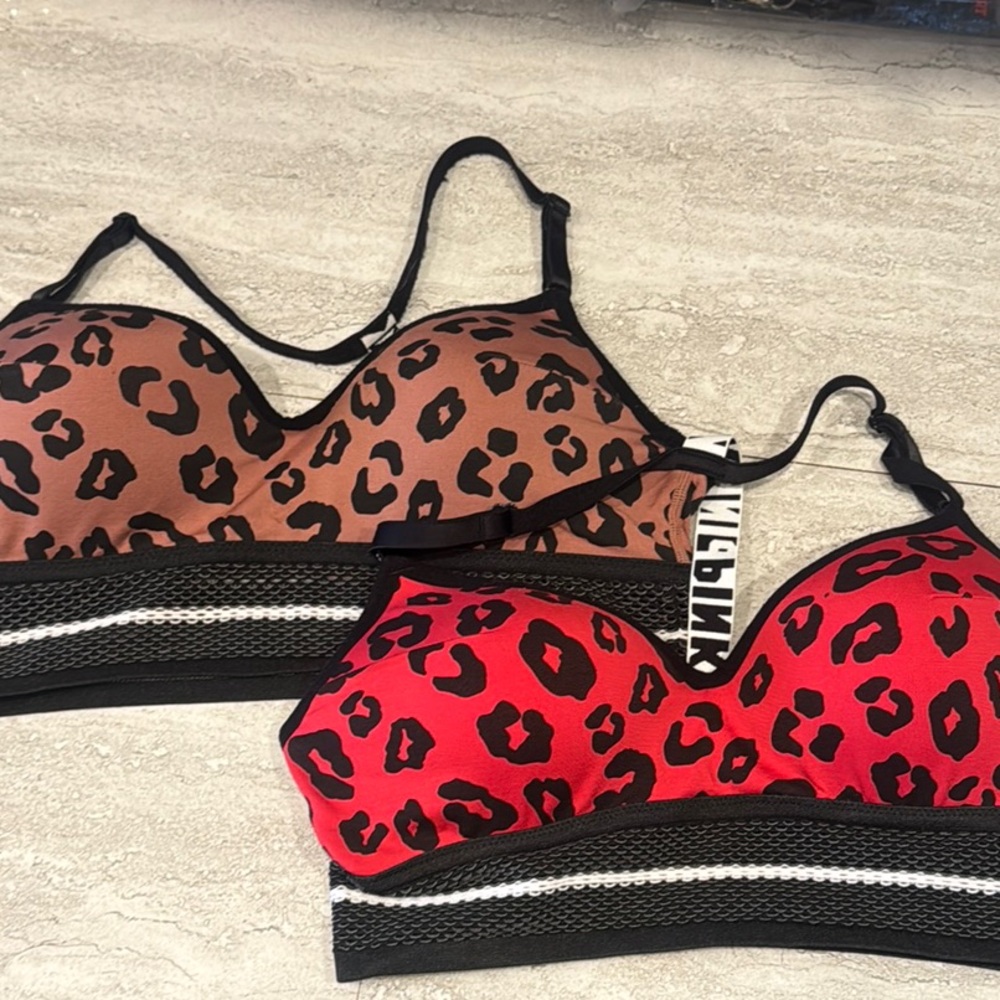 PINK Victoria's Secret Red and Brown Leopard Print Bras